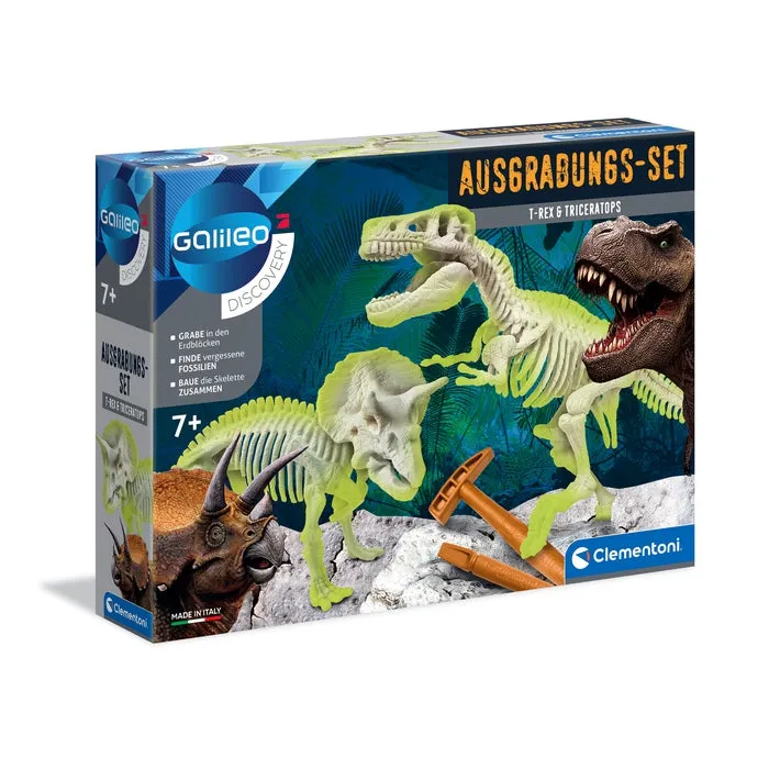clementoni-ausgrabungs-set-t-rex-triceratops-2-leuchtende-dinosaurier-skelette-z image 1